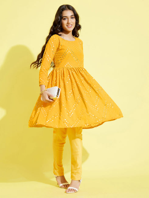 Girl's Yellow Mirror Kurta Pyjama Set