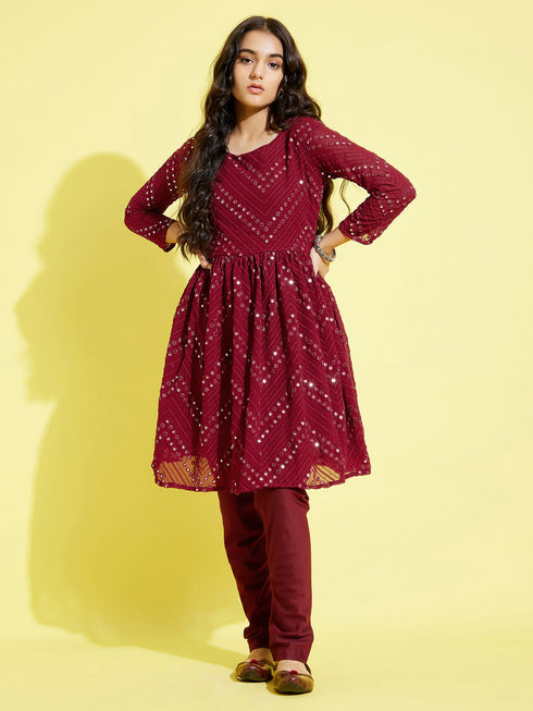 Girl's Maroon Mirror Kurta Pyjama Set