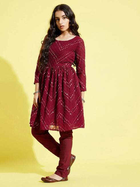 Girl's Maroon Mirror Kurta Pyjama Set