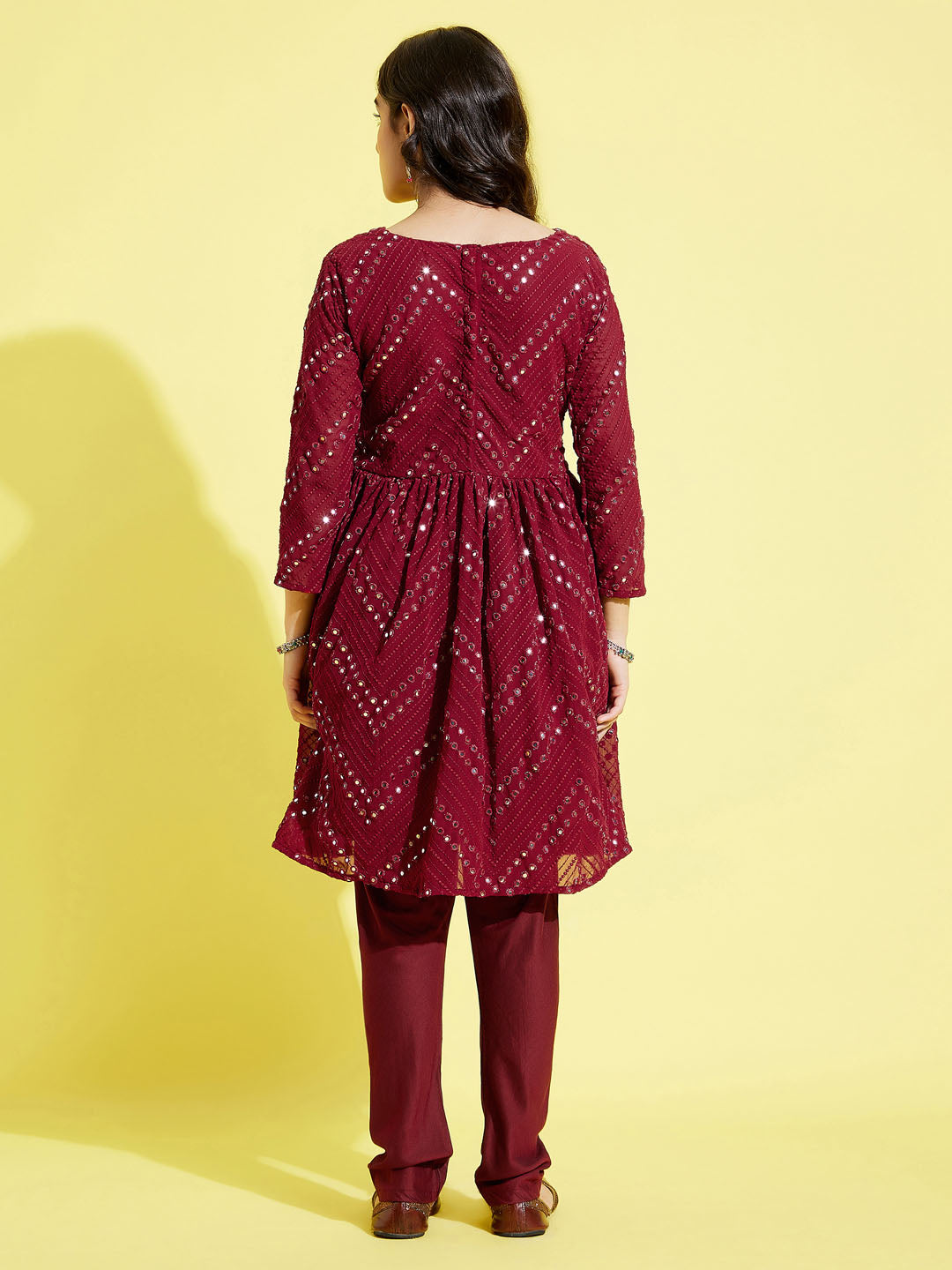 Girl's Maroon Mirror Kurta Pyjama Set