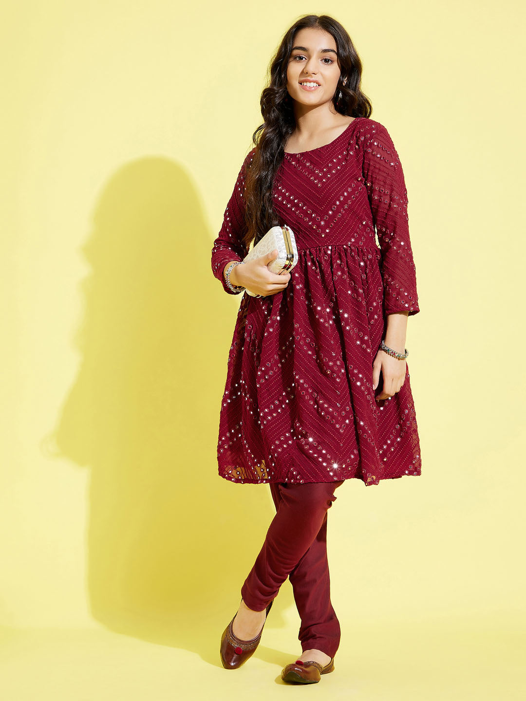 Girl's Maroon Mirror Kurta Pyjama Set