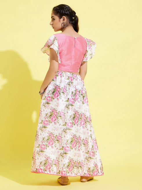 Girl's Printed Skirt And Ruffle Crop Top Set