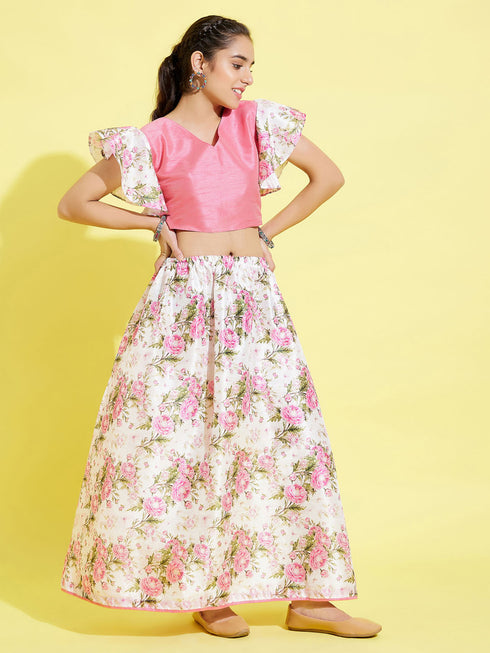 Girl's Printed Skirt And Ruffle Crop Top Set