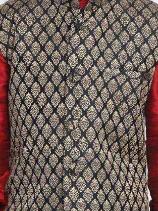 vastramayBoys' Black Cotton Silk Blend Nehru Jacket