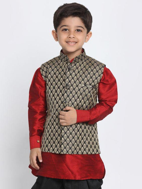 vastramayBoys' Black Cotton Silk Blend Nehru Jacket