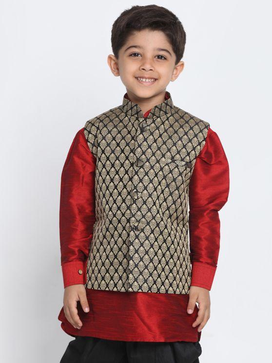 vastramayBoys' Black Cotton Silk Blend Nehru Jacket