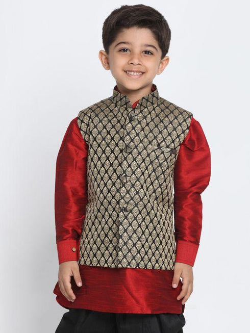 vastramayBoys' Black Cotton Silk Blend Nehru Jacket