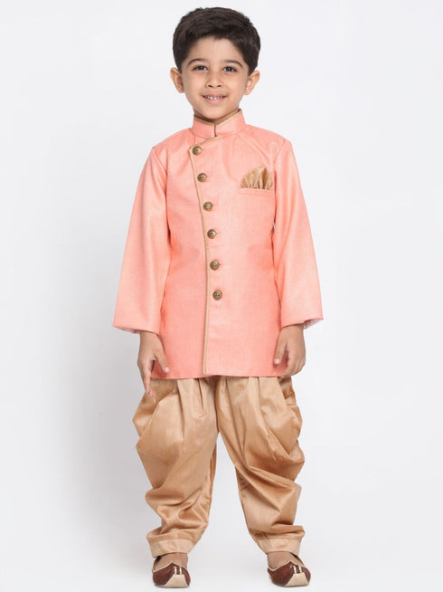 vastramayBoys Pink Jute Silk Blend Sherwani Set