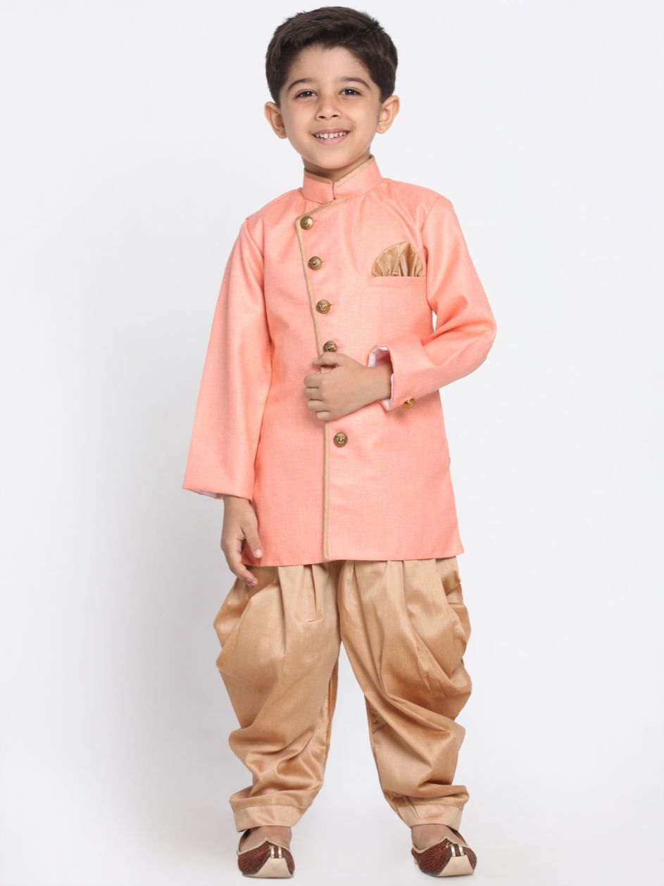 vastramayBoys Pink Jute Silk Blend Sherwani Set