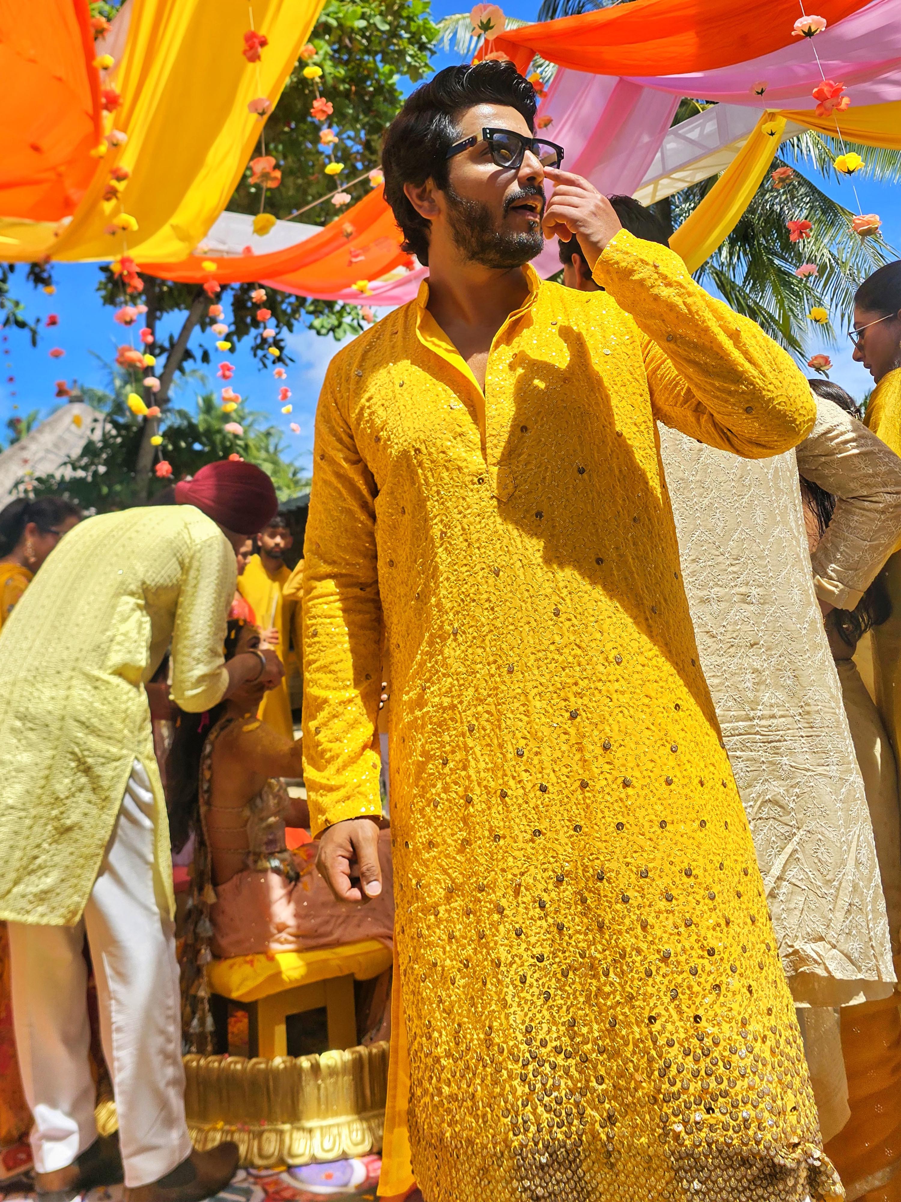 Men's Yellow Ombre Sequin Georgette Kurta with Solid Dupatta Set