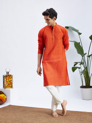 Vastramay Men's Red Pure Cotton Handloom Kurta Pyjama Set