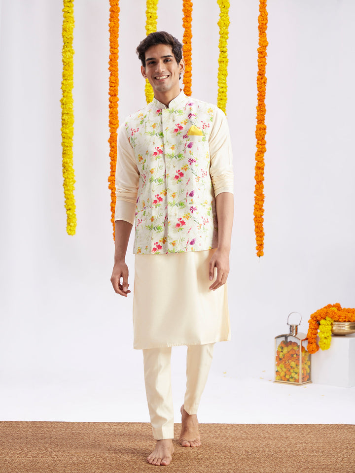 Cream Printed Nehru Jacket And Cream Solid Kurta With Pyjama Set