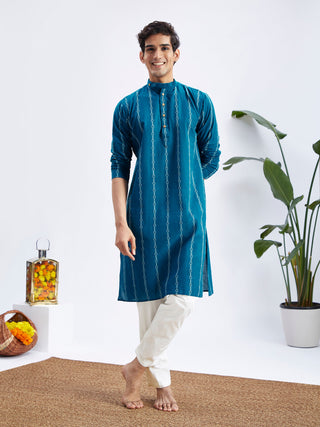 VASTRAMAY Men's Blue denim Jacquard Kurta With White Pant Set