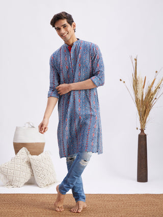 Vastramay Men's Indigo Printed cotton Kurta with White Pant set