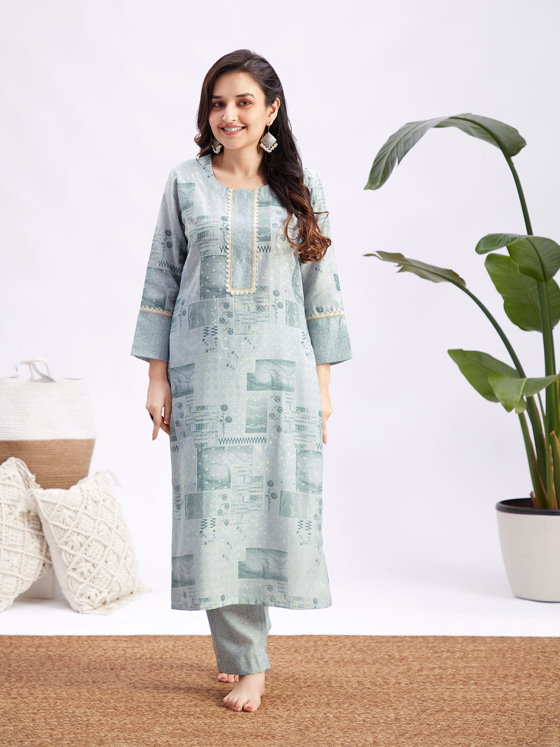 Women's Aqua Blue Printed Cotton Kurta Pant Set