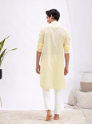 VASTRAMAY Men's Yellow And White Cotton Kurta And Pyjama Set