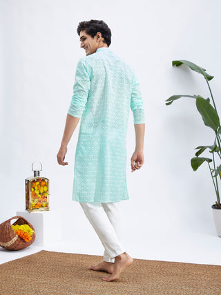 VASTRAMAY Men's Green And White Cotton Kurta And Pyjama Set