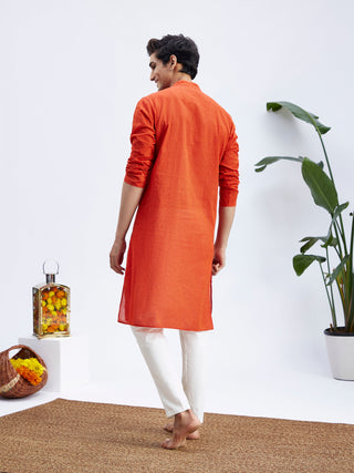 Vastramay Men's Red Pure Cotton Handloom Kurta Pyjama Set