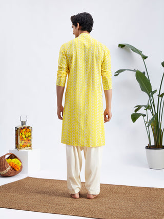 VASTRAMAY Men's Mustard Pure Cotton Chikankari Kurta With Patiala set