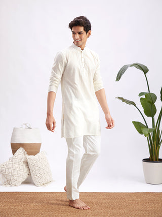 VASTRAMAY Men's White Jacquard Cotton Kurta Pyjama Set