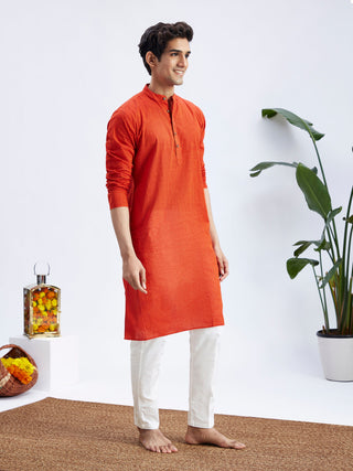 Vastramay Men's Red Pure Cotton Handloom Kurta Pyjama Set