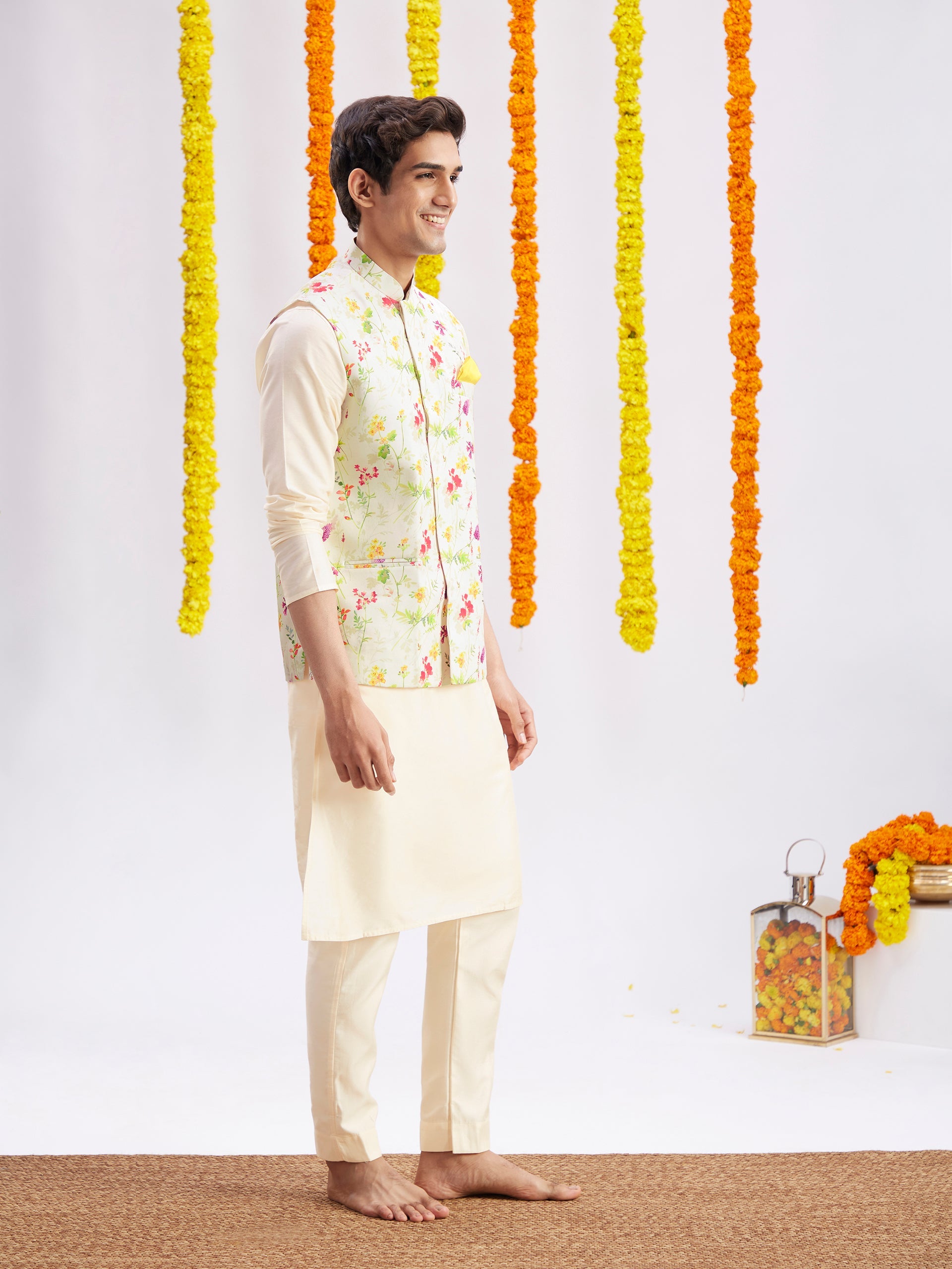 Cream Printed Nehru Jacket And Cream Solid Kurta With Pyjama Set
