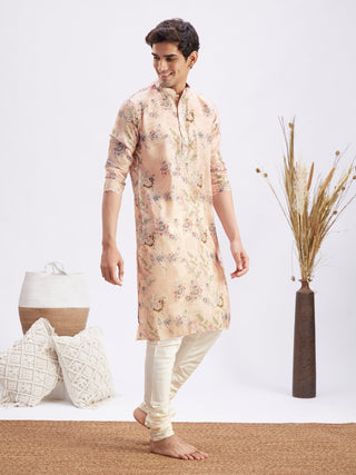 VASTRAMAY Men's Pink Floral Printed Silk Blend Kurta Pyjama Set