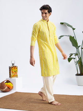 VASTRAMAY Men's Mustard Pure Cotton Chikankari Kurta With Patiala set