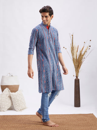 Vastramay Men's Indigo Printed cotton Kurta with White Pant set