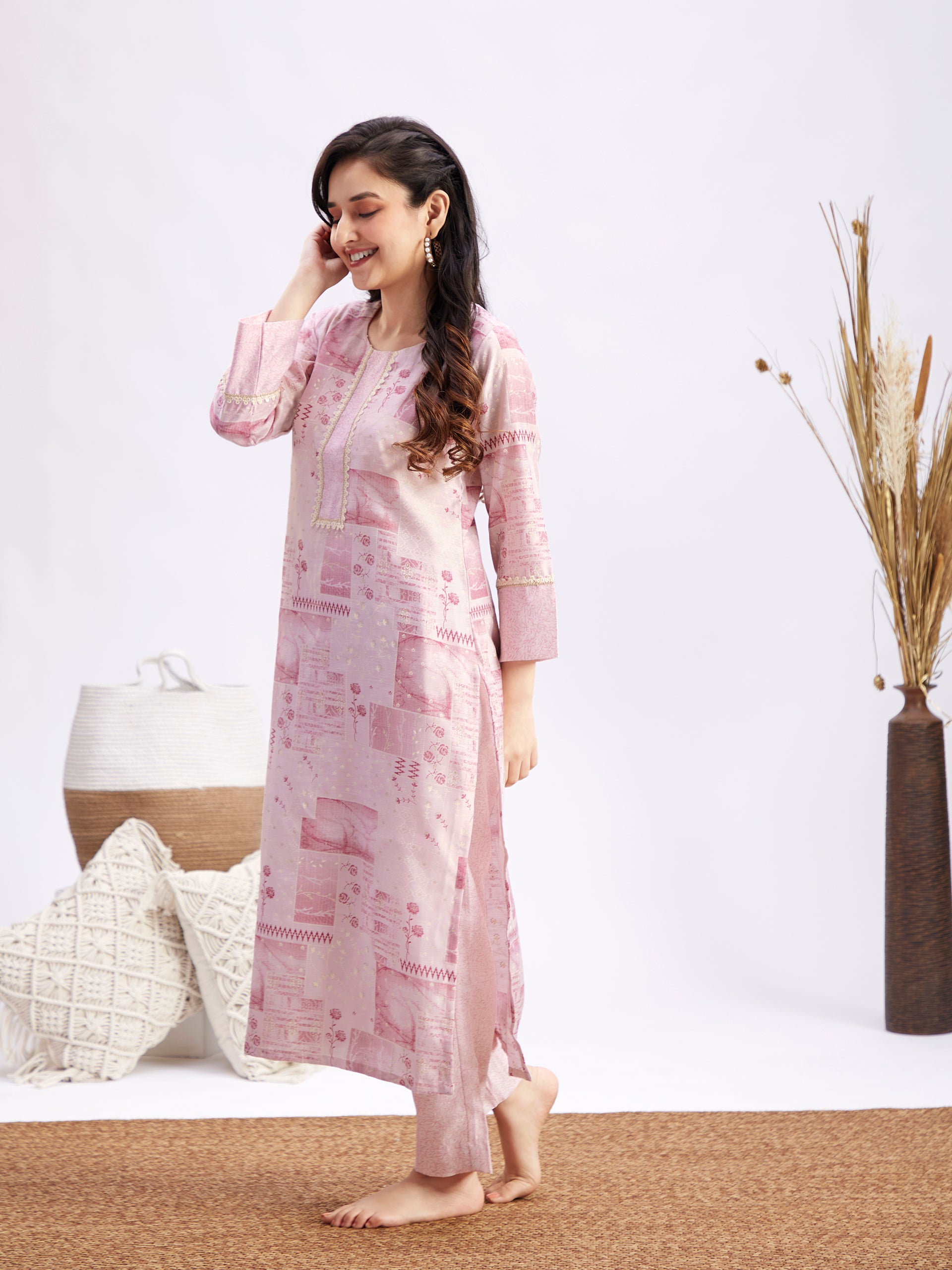 Women's Light Pink Printed Cotton Kurta Pant Set