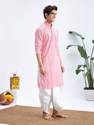 VASTRAMAY Men's Pink Pure Cotton Chikankari Kurta With Dhoti set