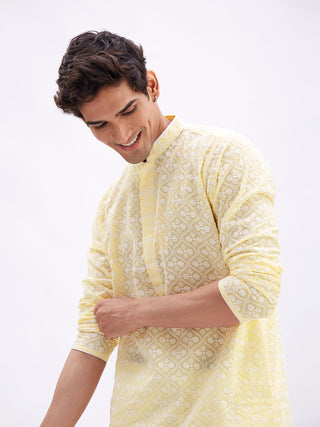 VASTRAMAY Men's Yellow And White Cotton Kurta And Pyjama Set