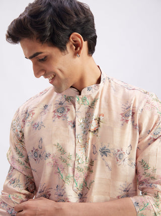 VASTRAMAY Men's Pink Floral Printed Silk Blend Kurta Pyjama Set