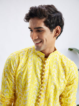 VASTRAMAY Men's Mustard Pure Cotton Chikankari Kurta With Patiala set