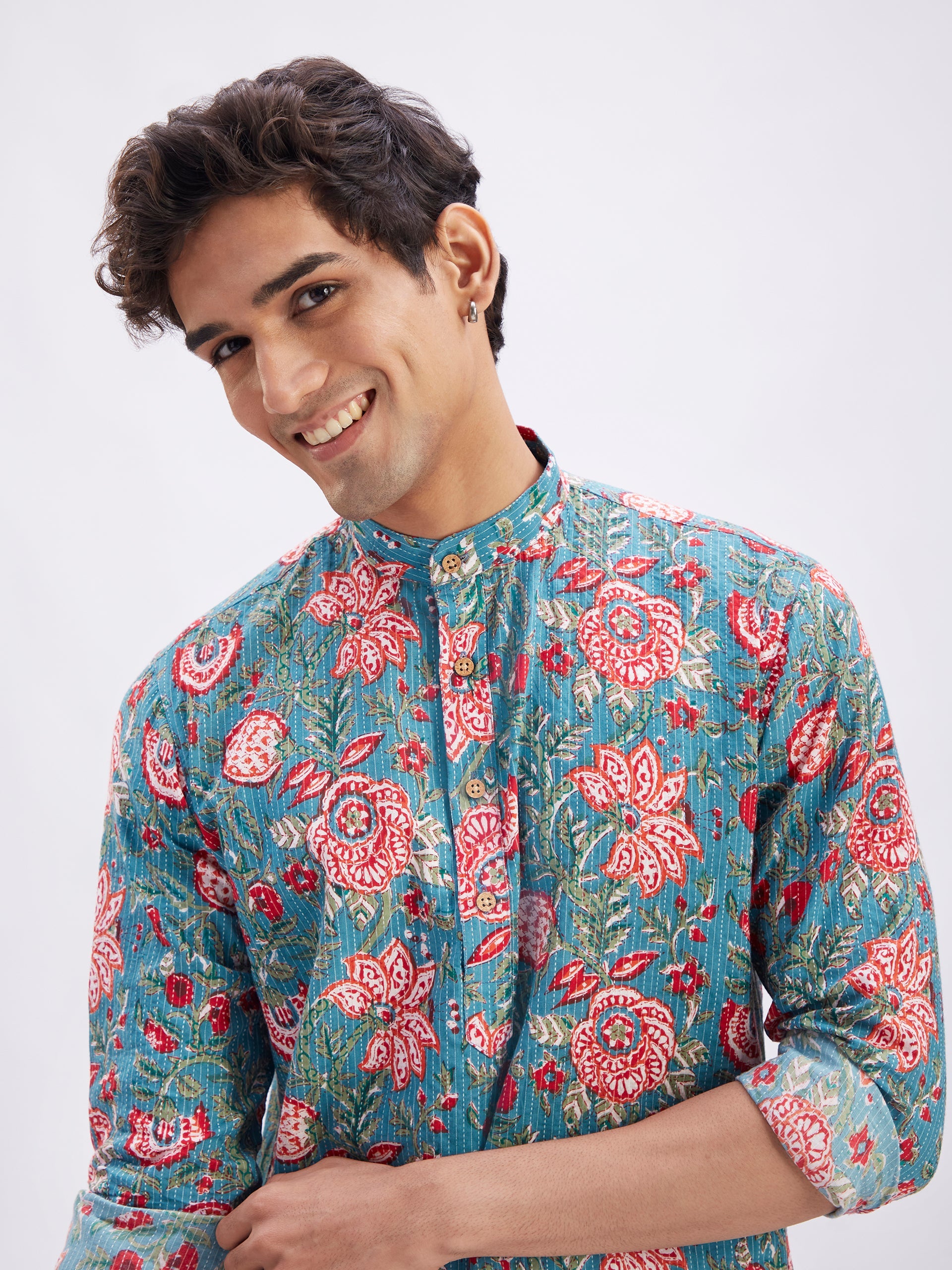 Men's Blue And Red Floral Printed Cotton Kurta With White Pant Set