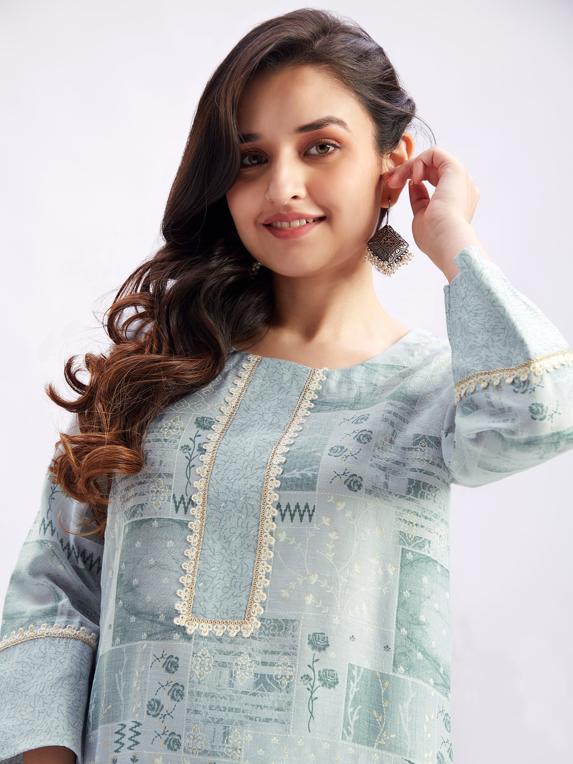 Women's Aqua Blue Printed Cotton Kurta Pant Set