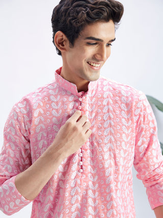 VASTRAMAY Men's Pink Pure Cotton Chikankari Kurta With Dhoti set