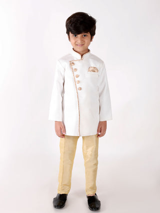 Vastramay Boys' White Jute Silk Sherwani Set