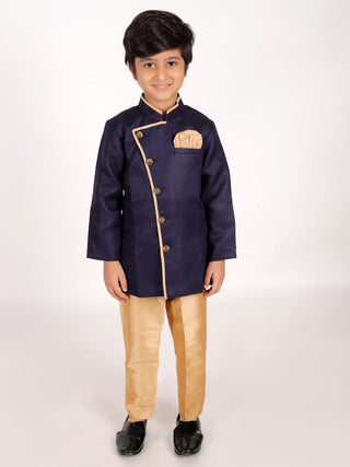 Vastramay Boys' Navy Blue Jute Silk Sherwani Set