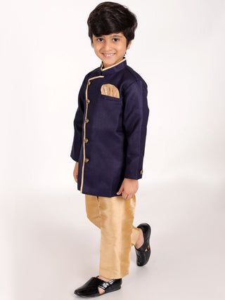 Vastramay Boys' Navy Blue Jute Silk Sherwani Set