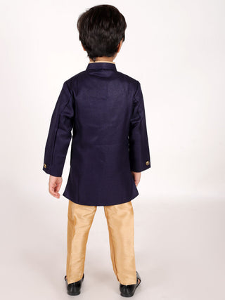 Vastramay Boys' Navy Blue Jute Silk Sherwani Set