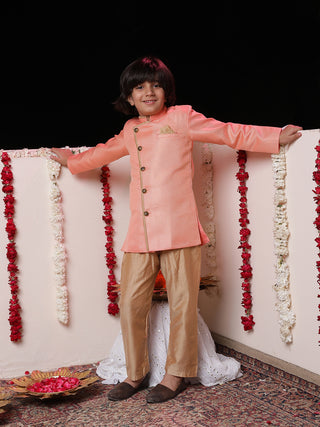 JBN CREATION Boys' Pink Jute Silk Sherwani Set