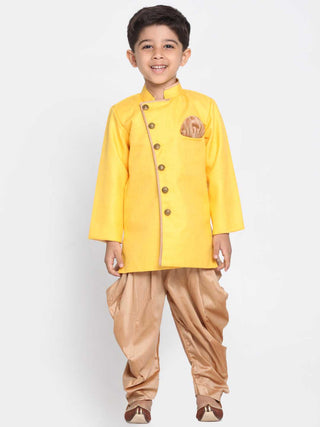 Vastramay Boy's Yellow Jute Silk Blend Sherwani Set