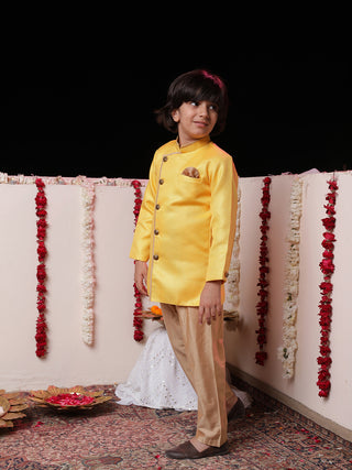 JBN CREATION Boys' Yellow Jute Silk Sherwani Set