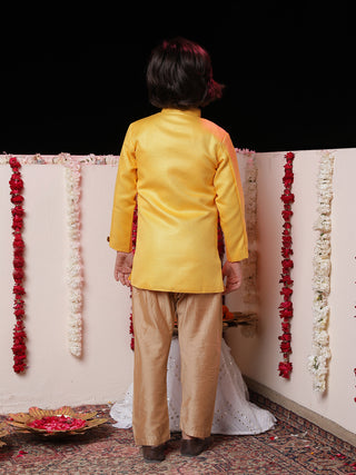 Vastramay Boys' Yellow Jute Silk Sherwani Set