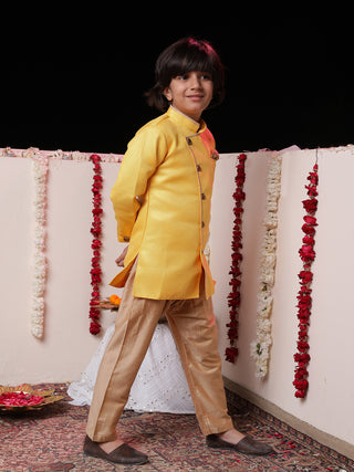 Vastramay Boys' Yellow Jute Silk Sherwani Set