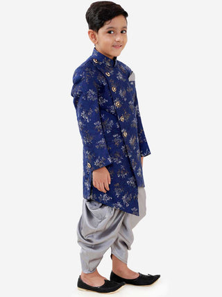 VASTRAMAY Boys Blue And Grey Angrakha Style Indowestern Sherwani And Dhoti Set