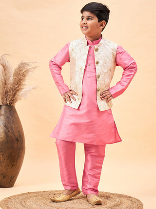 VASTRAMAY Boy's Beige Woven Nehru Jacket With Pink Kurta Pyjama Set