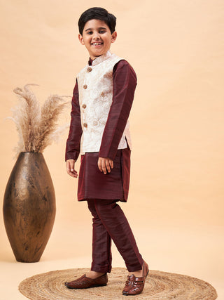 VASTRAMAY Boy's Beige Nehru Jacket With Wine Kurta And Pyjama Set