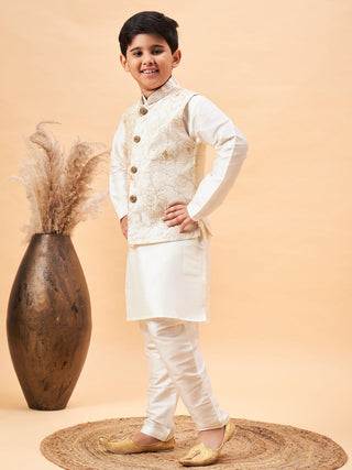 Vastramay Boy's Beige Nehru Jacket With Cream Kurta And Pyjama Set